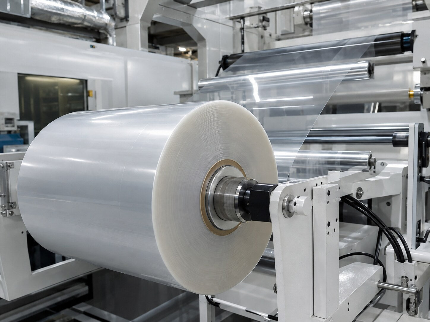 Clear PET roll material unwinding through a clean precision converting line