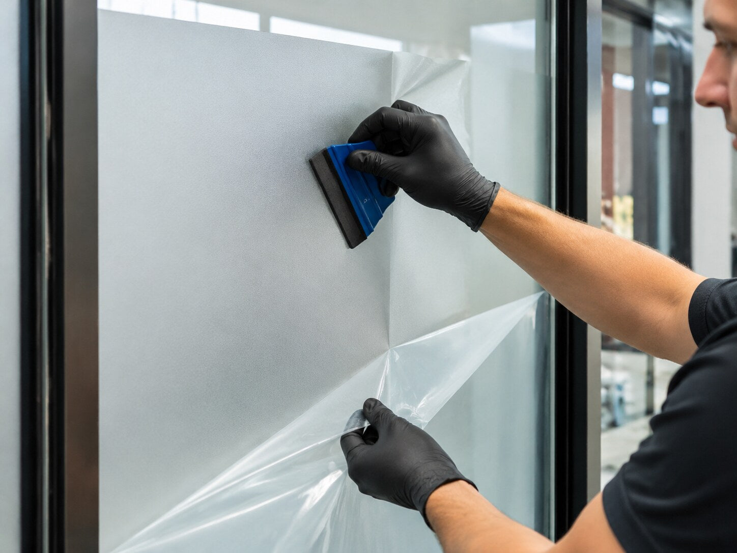Frosted self-adhesive film applied smoothly to a clean glass surface