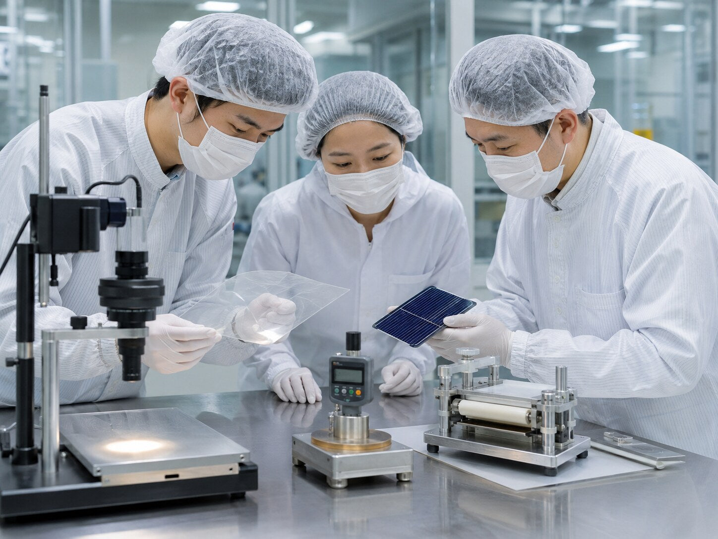 Representative cleanroom research scene with masked researchers examining transparent film for photovoltaic applications