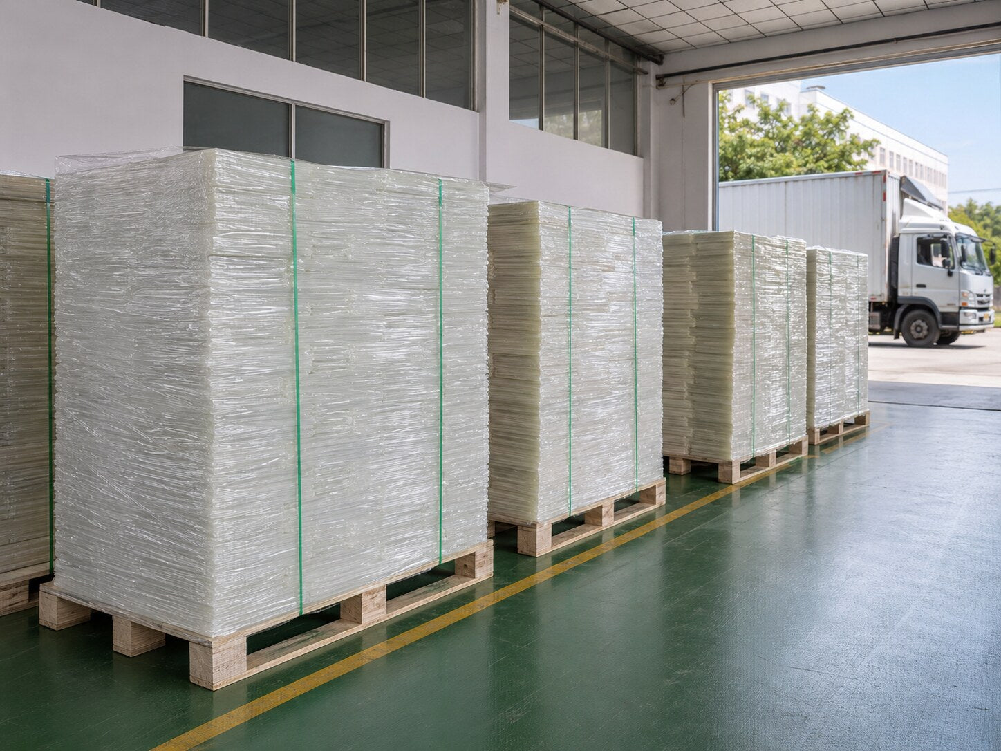 Finished clear laminating pouches packed on pallets for shipment